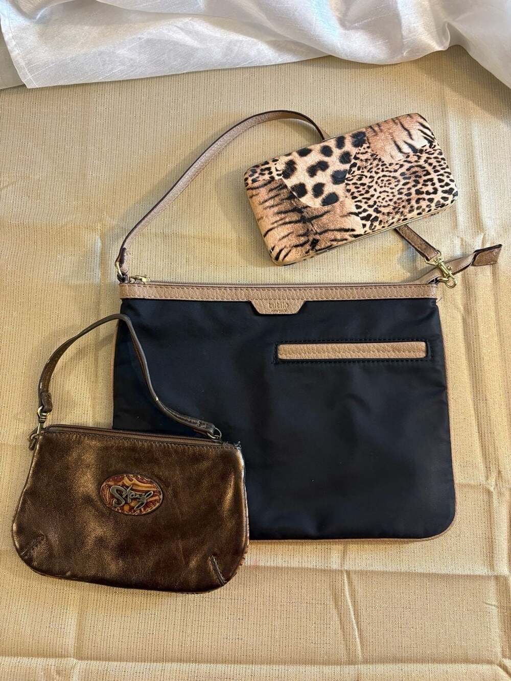 Tutilo New York Crossbody Bag, Sharif Metallic Pouch & Animal Print Wallet Bundl